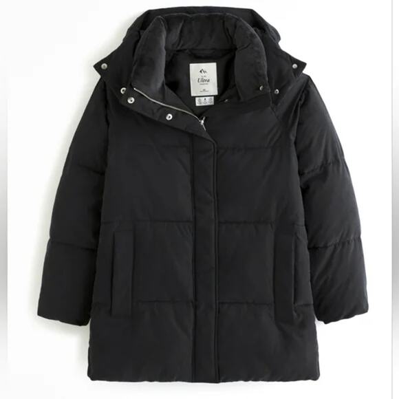 ABERCROMBIE & FITCH Ultra Midi Puffer Coat SZ XXL Black Winter Hooded Jacket - Picture 1 of 16